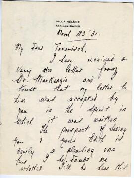 Correspondence from Owen Bell Jones to MacMechan, March 23, 1931