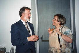 Photograph of Bertrum Macdonald and Betty Sutherland at Patricia Lutley's retirement party