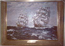 Photograph of a Harold W. Higginson painting depicting two ships at sea