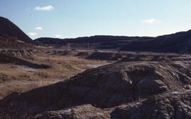 Photograph of slag heaps and exposed bedrock at the Coniston site, near Sudbury, Ontario