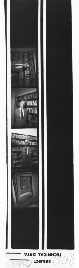 Contact sheet of photographs of unidentified man with bookshelf and a staircase