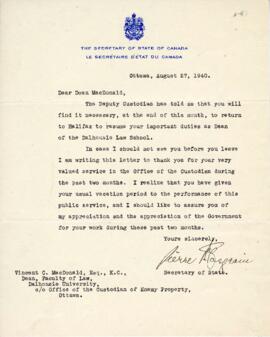Letter from the Secretary of State thanking MacDonald for his two-month service to the Office of ...