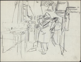 Charcoal and pencil study sketch by Donald Cameron Mackay showing naval officers making navigatio...