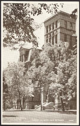 Postcard of the Forrest Building's main entrance on Dalhousie University's Carleton Campus
