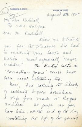 Correspondence between Thomas Head Raddall and Catherine H. Travis