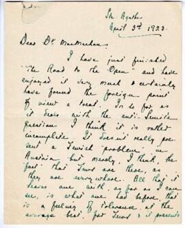 Correspondence from Owen Bell Jones to MacMechan, April 3, 1923