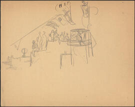 Pencil study sketch by Donald Cameron Mackay showing sailor standing on deck of an unidentified C...
