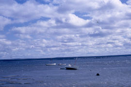 Photograph of small boats moored at low tide