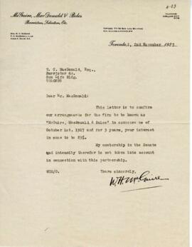 Letter from W.H. McGuire confirming details about the partnership of McGuire, MacDonald & Boles