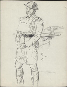 Charcoal and pencil sketch by Donald Cameron Mackay of a soldier posing