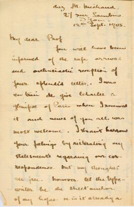Correspondence from Gilbert Sutherland Stairs to Archibald MacMechan, September 12, 1905