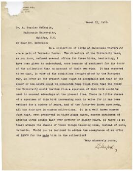 Correspondence between A. Stanley MacKenzie, Leonard Sanford, and others, regarding Labrador duck...