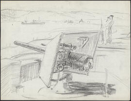 Charcoal and pencil sketch by Donald Cameron Mackay of turret battery munitions