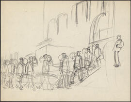 Charcoal and pencil study sketch by Donald Cameron Mackay of sailors carrying duffel bags up a ga...