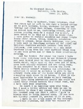 Correspondence between Thomas Head Raddall and Mrs. Henry (Coral) Waterman