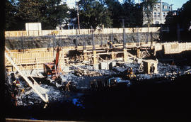 Photograph of construction of the Tupper Building, building supports