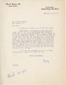 Correspondence from Roy A. Laurence, Annapolis Royal, Nova Scotia, to Thomas Head Raddall