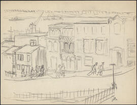Charcoal and pencil sketch by Donald Cameron Mackay of a wartime downtown Halifax street scene