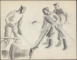 Charcoal and pencil drawing by Donald Cameron Mackay of three sailors performing deck maintenance...
