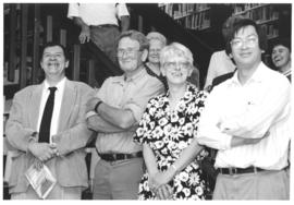 Photograph of W.K. Kellogg Library staff members and guests at Bill Owen's retirement party