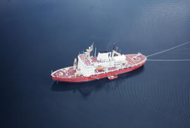 Aerial photograph of the accommodation ship Franklin, Anaktalak Bay, near Voisey's Bay, Newfoundl...