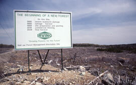 Photograph of an Irving sign at a nearly prepared clearcut site near Fundy National Park, New Bru...