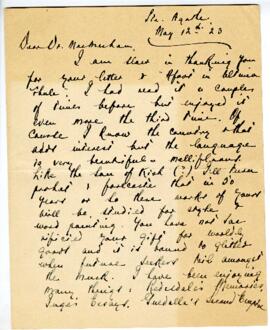 Correspondence from Owen Bell Jones to MacMechan, May 12, 1923