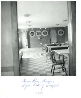 Photograph of the games room in the Canadian Legion building in Liverpool, Nova Scotia