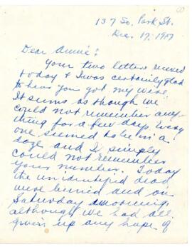 Letter from Katherine Creelman to Annie Creelman concerning the Halifax Explosion