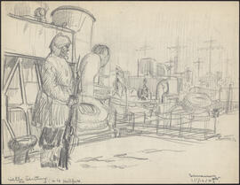 Charcoal and pencil drawing by Donald Cameron Mackay of a sailor on sentry duty on the Halifax wa...