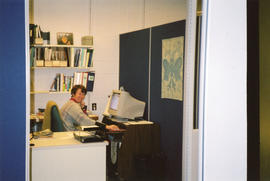 Photograph of librarian Fran Nowakoski in her office in the newly renovated Killam reference room