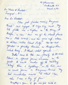 Correspondence between Thomas Head Raddall and W. A. Parker