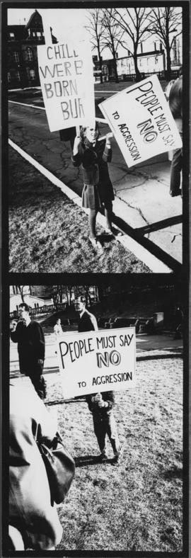 Two images of children holding protest signs in Halifax's Grand Parade at an anti-Vietnam War dem...