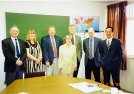 Photograph of Elisabeth Mann Borgese and others at the International Ocean Institute (IOI)-Halifax