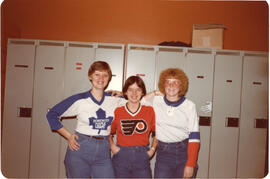 Photograph of Jean Kaiser, Cindy Miller and an unidentified staff member at the Killam Library we...