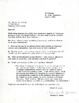 Correspondence between Thomas Head Raddall and Charles R. Loban