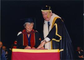 Photograph of Elisabeth Mann Borgese receiving an honourary degree from Concordia University