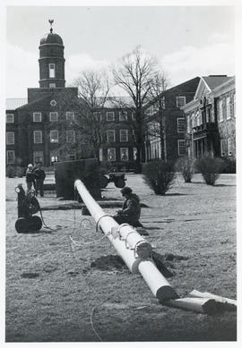 Photograph of the raising of the Flagpole at Studley Campus