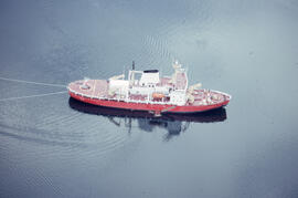 Aerial photograph of the accommodation ship Franklin in Voisey's Bay, Newfoundland and Labrador