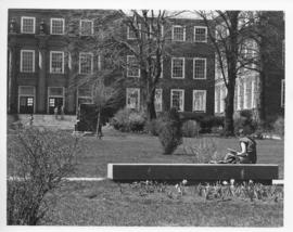 Photograph of a bench in front of the Henry Hicks Arts & Administration Building