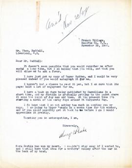 Correspondence between Thomas Head Raddall and Harry C. Peake