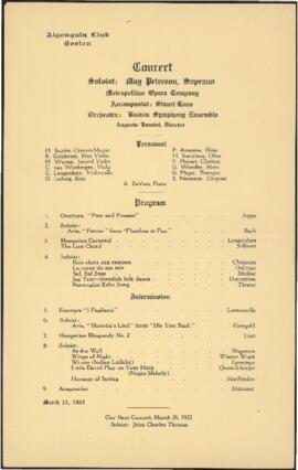 Algonquin Club concert program with soprano May Peterson and the Boston Symphony Ensemble