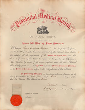 Certificate of the Provincial Medical Board - Dr. Bessie Balcom, 1911