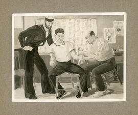 Photograph of an oil painting of tattooing of a sailor by D.C. Mackay