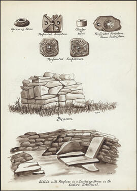 Unpublished drawing by Thomas Hayward : Viking ruins and artifacts