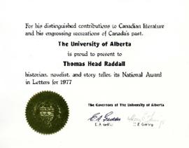 University of Alberta National Award in Letters certificate