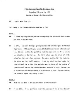 Transcript of Ronald St. John Macdonald's Sixth Conversation with Professor Wang Tieya : [draft t...
