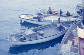 Photograph of several small boats clustered together near Newfoundland and Labrador
