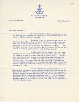 Letter from Carleton Stanley requesting MacDonald's return to his duties as Dean of Law