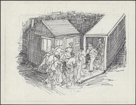 Ink drawing by Donald Cameron Mackay of sailors carrying duffel bags down a gangway of a docked ship